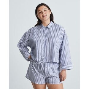 Everlane Shirt Women PJ Blue Button Up Woven Pajama Top Silky Cotton Crop